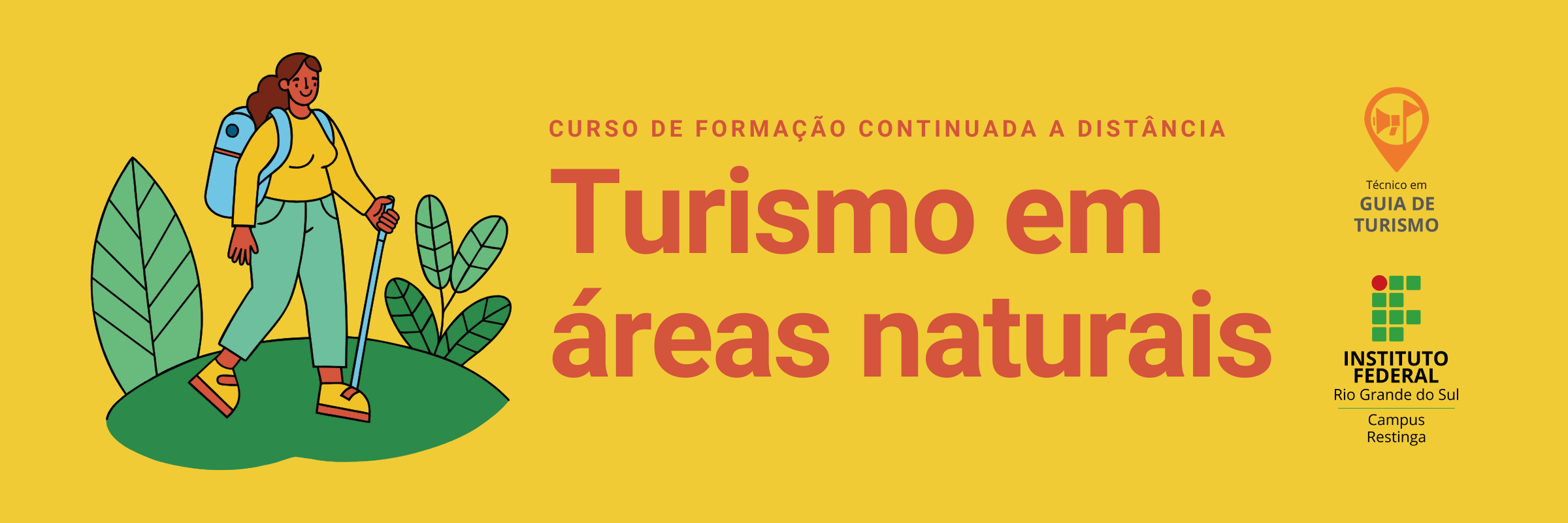 Banner de apresentação do curso. Uma jovem caminha em uma área natural.